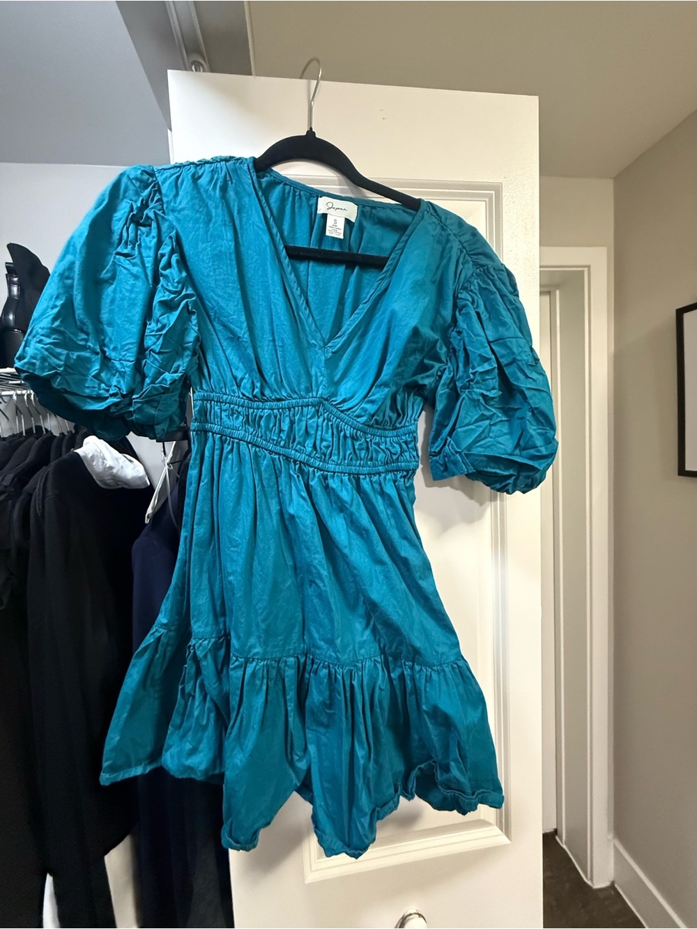 Japna Teal Puff Sleeve Smocked Waist Dress
